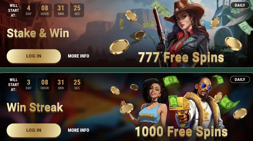 Active Tournaments banner: Stake&Win and Win Streak